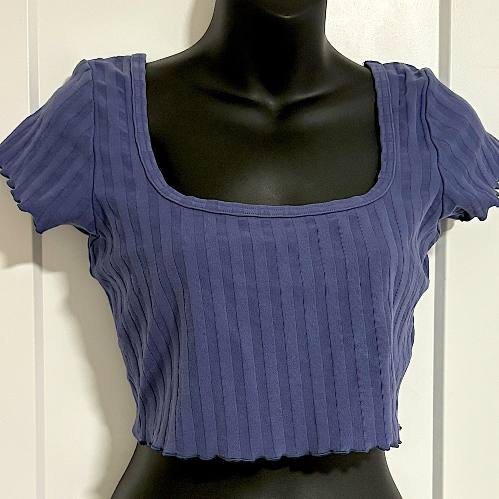 Aerie Offline Blue Ribbed Short‎ Sleeve Shirt Crop Top Size Medium